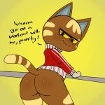  animal_crossing anthro bottomless butt clothed clothing domestic_cat english_text felid feline felis female fur hi_res katt_(animal_crossing) looking_at_viewer looking_back mammal nintendo presenting shirt simple_background smile solo text topwear video_games vono 