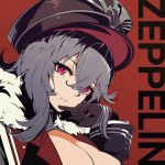  1girl absurdres azur_lane breasts brown_gloves cape character_name cleavage coat colored_pencil_(medium) fur-trimmed_cape fur-trimmed_coat fur_trim gloves graf_zeppelin_(azur_lane) hair_between_eyes hat highres large_breasts lave2600 long_hair long_sleeves looking_at_viewer marker_(medium) military_hat millipen_(medium) peaked_cap portrait red_background red_eyes silver_hair simple_background solo traditional_media 