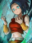  1girl alternate_color alternate_eye_color aqua_eyes aura bangs bare_arms bare_shoulders belt black_hair bracelet breasts collarbone crop_top dark_skin dragon_ball dragon_ball_super expressionless eyelashes fingernails frown furrowed_eyebrows gradient gradient_background grey_background hands_up high_ponytail jewelry kale_(dragon_ball) kemachiku light_particles looking_down medium_breasts midriff navel parted_lips ponytail shaded_face simple_background sleeveless solo surprised upper_body wide-eyed 