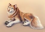  2020 alaskan_malamute ambiguous_gender brown_body brown_fur canid canine canis claws domestic_dog feral fluffy fluffy_tail fur kebi light lighting mammal nordic_sled_dog pawpads pink_nose simple_background smile solo spitz tan_background toe_claws white_body white_fur 