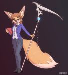  big_ears big_tail bnbigus book bottomwear canid canine clothing eyewear female fennec footwear fox glasses green_eyes hi_res inner_ear_fluff mammal melee_weapon necktie pants polearm scythe shoes simple_background solo suit tongue tongue_out tuft weapon 