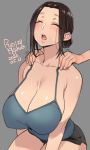  1girl 2020 agawa_ryou artist_name bare_shoulders breasts breath brown_hair cleavage closed_eyes collarbone commentary dated grey_background huge_breasts long_hair original parted_lips relaxed sideboob signature simple_background skirt solo thighs 