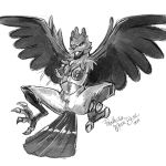  2019 anthro armor avian breasts clitoral_hood clitoris clothed clothing corviknight feathers female genitals greyscale monochrome nintendo nipples non-mammal_breasts open_mouth phathusa pok&eacute;mon pok&eacute;mon_(species) pussy solo spread_legs spreading tongue video_games winged_arms wings 