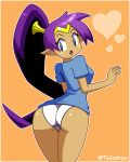  &lt;3 2019 blue_clothing blue_eyes blue_shirt blue_topwear breasts butt clothed clothing female genie hair hi_res humanoid humanoid_pointy_ears looking_at_viewer not_furry open_mouth orange_background panties purple_hair rear_view shantae shantae_(series) shirt simple_background solo teliodraw tongue topwear twitter_username underwear video_games wayforward white_panties 