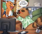  2020 angry animal_crossing anthro apron brown_body brown_fur canid canine chair clothing comic computer crazy_redd detailed_background duo english_text eyes_closed fox fur furniture hi_res humanoid_hands male mammal nintendo raccoon_dog slightly_chubby speremint tanuki text tom_nook_(animal_crossing) video_games white_body white_fur 