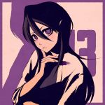  1girl black_hair bleach blush border english_commentary eyelashes finger_to_cheek hair_between_eyes hand_up head_tilt kuchiki_rukia long_sleeves looking_at_viewer moshimoshibe purple_border purple_eyes shadow solo upper_body 