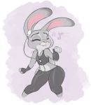  2017 anthro brachyzoid clothed clothing crop_top dancing disney earbuds eyes_closed female fully_clothed fur grey_body grey_fur headphones judy_hopps lagomorph leporid mammal midriff musical_note rabbit shirt simple_background smile solo thick_thighs topwear wide_hips zootopia 