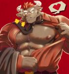  &lt;3 2020 5_fingers abasirisippo abs belt big_muscles brown_body brown_fur brown_nipples clothed clothing dress_shirt fingers fur gyumao hair horn humanoid_hands male muscular muscular_male necktie nipples open_shirt pecs red_hair scar shirt simple_background smile solo tokyo_afterschool_summoners topwear undressing video_games white_horn 