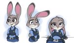  2019 anthro belt brachyzoid clothed clothing dipstick_ears disney ears_down ears_up female fully_clothed fur grey_body grey_fur head_tuft hi_res judy_hopps lagomorph leporid mammal multicolored_ears multiple_poses open_mouth open_smile pink_nose pivoted_ears police_uniform pose purple_eyes rabbit simple_background smile solo tuft uniform white_background zootopia 