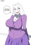  absurd_res anthro artist_name black_text boss_monster bovid breasts caprine cleavage clothed clothing collarbone dialogue eyewear fur glasses hi_res horn laundrymom looking_at_viewer mammal open_mouth pink_tongue purple_clothing red_eyes simple_background speech_bubble talking_to_viewer text tongue toriel undertale video_games white_background white_body white_ears white_fur white_horn 