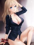  1girl alisa_ilinichina_amiella arm_support bangs black_shirt blonde_hair blue_eyes blurry blurry_background bra breasts cleavage collarbone collared_shirt dress_shirt eyebrows_visible_through_hair gigamessy god_eater hair_between_eyes hand_on_head long_hair medium_breasts open_clothes open_shirt panties parted_lips partially_unbuttoned shiny shiny_hair shirt sitting smile solo striped striped_bra striped_panties underwear wing_collar 