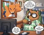  2020 animal_crossing anthro belly bodily_fluids brown_body brown_fur canid canine comic computer crazy_redd detailed_background duo english_text fox fur hi_res male mammal nintendo raccoon_dog scared sitting slightly_chubby speremint sweat tanuki text tom_nook_(animal_crossing) video_games 
