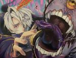  1boy copyright_request covered_mouth earrings eyes_visible_through_hair fingernails hair_over_one_eye highres jewelry male_focus microroro108 monster one-eyed open_mouth purple_eyes purple_tongue reaching_out saliva teeth tongue tongue_out veins white_hair yellow_eyes 