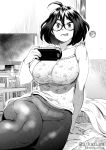  1girl ahoge bare_shoulders blanket bottle breasts check_artist collarbone door fingernails game_console glasses greyscale hair_between_eyes handheld_game_console hatching_(texture) highres holding holding_handheld_game_console indoors kasuga_shun large_breasts monochrome original short_hair sitting solo table takuji_(dekosenn) television tongue tongue_out twitter_username 