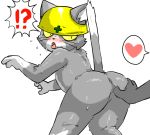  &lt;3 ambiguous_gender armor blush bodily_fluids butt butt_grab domestic_cat duo enigi09 faceless_character felid feline felis fur grey_body grey_fur hand_on_butt hard_hat headgear helmet male mammal nude safety_cat simple_background sweat whiskers white_background white_body white_fur yellow_eyes 