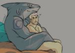  2020 anthro cavahn cuddling dc_comics duo fish grey_background hi_res human human_on_anthro interspecies john_constantine king_shark male male/male mammal marine muscular muscular_male scar shark simple_background sitting tattoo 