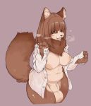  4_fingers :3 animal_genitalia anthro balls big_balls big_breasts black_nose blush bottomless breasts breath brown_body brown_eyes brown_fur brown_hair brown_pawpads canid canine clothed clothing countershading curvy_figure dress_shirt exposed_breasts fingers fluffy fluffy_tail fully_sheathed fur genitals grey_background gynomorph hair inner_ear_fluff intersex inverted_nipples kemono looking_at_viewer mammal monotone_hair multicolored_body multicolored_fur navel neck_tuft nipples open_shirt partially_clothed pawpads paws pink_nipples raccoon_dog sheath shirt simple_background slightly_chubby smile solo standing tan_body tan_countershading tan_fur tan_sheath tanuki topwear tuft two_tone_body two_tone_fur visark 