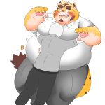  absurd_res anthro belly big_belly blush button_pop chubby_cheeks claws clothed clothing duo embarrassed faceless_male felid fur hi_res hug human male male/male mammal moobs obese obese_male open_mouth orange_body orange_fur overweight overweight_male pantherine puss3250 simple_background straining_buttons striped_body striped_fur stripes thick_thighs tiger tight_clothing white_background 