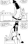  anthro bovid breasts butt comic dialogue english_text female hooves mammal miss_thompson_(tegerio) monochrome mostly_nude navel nipples solo talking_to_viewer tegerio text washing_machine 
