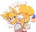  anthro backsack balls blue_eyes blush bodily_fluids butt canid canine censored duo fox genitals hanuvo hi_res looking_back male male/male mammal miles_prower penis saliva sonic_the_hedgehog sonic_the_hedgehog_(series) 