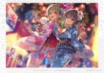  2girls artist_name bangs black_hair blue_eyes blurry blurry_background blush brown_hair candy_apple cotton_candy eyebrows_visible_through_hair fan fireworks floral_print food fox_mask hair_ornament highres holding holding_food japanese_clothes kimono mask mask_on_head multiple_girls night night_sky obi open_mouth original outdoors parted_lips red_eyes sash scan short_hair simple_background sky smile summer_festival tied_hair tomose_shunsaku wide_sleeves 