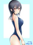  1girl absurdres alternate_costume black_hair blue_background blue_swimsuit breasts dangan_kurabu dated from_side hair_between_eyes highres kantai_collection large_breasts looking_at_viewer looking_to_the_side one-piece_swimsuit profile red_eyes short_hair smile swimsuit takao_(kantai_collection) twitter_username white_background 