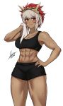  1girl abs airisubaka artist_name bangs biceps black_shorts breasts collarbone commentary dark_skin eyebrows_visible_through_hair facial_mark fire_emblem fire_emblem_fates hand_on_hip highres looking_at_viewer mask mask_on_head medium_breasts midriff multicolored_hair muscle muscular_female navel red_eyes rinkah_(fire_emblem) short_hair shorts signature simple_background solo sports_bra sweat thighs towel two-tone_hair white_background white_hair wiping_sweat 