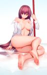  areola erect_nipples fate/grand_order feet ninainaidesss no_bra open_shirt pussy scathach_(fate/grand_order) see_through uncensored 