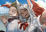  1boy 1girl :d alternate_costume animal_ears artist_name bird_wings boku_no_hero_academia bunny_ears casual collared_shirt commentary dark_skin day earrings english_commentary eyebrows facial_hair forked_eyebrows half-closed_eyes hand_up hawks_(boku_no_hero_academia) head_tilt headphones headphones_around_neck jewelry kadeart light_brown_hair long_hair looking_at_viewer open_mouth outdoors outstretched_arm red_eyes red_wings school_uniform self_shot shirt short_hair silver_hair smile symbol_commentary upper_body usagiyama_rumi white_shirt wings yellow_eyes 