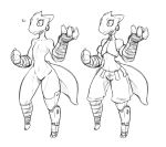  anthro bandage clothed clothing featureless_crotch hi_res kobold monochrome prosthetic prosthetic_leg prosthetic_limb rut_(teaspoon) slit_pupils solo teaspoon wide_hips 