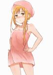  1girl aminyao asuna_(sao) bangs blonde_hair blush breasts cleavage collarbone cowboy_shot eyebrows_visible_through_hair hair_between_eyes hands_on_hips highres long_hair looking_at_viewer medium_breasts naked_towel pink_towel shiny shiny_hair shiny_skin simple_background sketch solo standing sword_art_online towel towel_on_head wet white_background yellow_eyes 