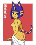  5_fingers animal_crossing ankha_(animal_crossing) anthro areola black_eyes black_nose blue_ears blue_hair blue_tail breasts butt clothing domestic_cat eyebrows felid feline felis female fingers hair hi_res humanoid_face looking_at_viewer mammal nintendo nipples solo teliodraw two_tone_tail video_games white_clothing yellow_body yellow_butt yellow_inner_ear yellow_tail 