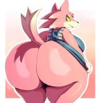  2020 absurd_res animal_crossing anthro big_butt blush butt canid canine clothed clothing female freya_(animal_crossing) fur hi_res looking_back mammal nintendo pink_body pink_fur raised_tail rear_view shirt simple_background smile solo standing thick_thighs topwear trinity-fate62 video_games 