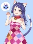  1girl animal_ear_fluff animal_ears argyle_dress bare_shoulders bell bell_collar black_eyes blue_background blue_hair blush bouquet_(doubutsu_no_mori) braid cat cat_ears cat_tail claw_pose collar cowboy_shot doubutsu_no_mori dress highres issindotai long_hair looking_at_viewer open_mouth personification red_collar simple_background smile solo strapless strapless_dress tail 