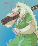  2018 anthro blue_background blush breasts canid canine canis clothed clothing domestic_dog female fluffy fluffy_tail fur hair hi_res holding_object holding_weapon long_hair looking_at_viewer mammal portrait ranged_weapon red_eyes simple_background solo sturmovik_(hideki_kaneda) text three-quarter_portrait tongue tongue_out weapon white_body white_fur white_hair 