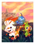  building bunny commentary creature english_commentary full_body gen_8_pokemon gooompy grass grookey highres no_humans outdoors pokemon pokemon_(creature) scorbunny sky sobble 