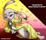  2020 3_toes advertisement anthro bedroom_eyes blitzdrachin blush bodily_fluids bottomless clothed clothing conditional_dnp digital_media_(artwork) disney eyebrows eyelashes female fingers half-closed_eyes judy_hopps lagomorph leporid mammal narrowed_eyes one_eye_closed patreon rabbit seductive simple_background smile solo text thin_waist toes url wide_hips wink zootopia 