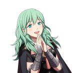 1girl armor byleth_(fire_emblem) byleth_(fire_emblem)_(female) cape fire_emblem fire_emblem:_three_houses green_eyes green_hair hiyori_(rindou66) open_mouth simple_background solo upper_body white_background 