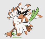  beta_pokemon bird bird_focus claws commentary creature english_commentary full_body holding_spring_onion legs_apart looking_at_viewer madame_(evolved_farfetch&#039;d) mike_luckas no_humans pokemon pokemon_(creature) prototype signature simple_background solo standing white_background 