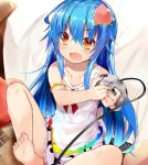  1girl armlet bangs bare_arms bare_shoulders barefoot blue_hair brown_eyes collarbone commentary_request controller dress efe eyebrows_visible_through_hair food fruit game_console hair_between_eyes highres hinanawi_tenshi holding knee_up long_hair nintendo_64 nintendo_64_controller no_hat no_headwear open_mouth peach short_dress sitting solo touhou white_dress 