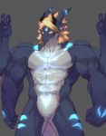  anthro bioluminescence blonde_hair dragon featureless_crotch glowing glowing_eyes grey_background hair linlvjia male multi_arm multi_limb muscular muscular_male navel nude scalie simple_background solo yellow_eyes 