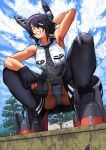  1girl 3boys armpits black_hair boots building cloud collarbone day eyepatch giant giantess gloves hand_behind_head high_heel_boots high_heels kantai_collection looking_at_viewer military military_uniform multiple_boys naval_uniform necktie panties shirt short_hair skirt sky sleeveless smile tagme tenryuu_(kantai_collection) thighhighs tree uka_(cessa) underwear uniform upskirt yellow_eyes 