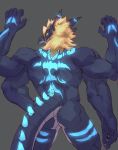  anthro bioluminescence blonde_hair butt dragon glowing glowing_eyes grey_background hair horn linlvjia male multi_arm multi_limb muscular muscular_male nude rear_view scalie simple_background solo yellow_eyes 