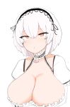  1girl azur_lane bangs blush breasts choker cleavage collarbone dress eyebrows_visible_through_hair hair_between_eyes highres large_breasts open_mouth puffy_sleeves red_eyes ro_(aahnn) short_hair simple_background sirius_(azur_lane) solo upper_body white_background white_dress white_hair 