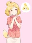  1girl animal_ears blonde_hair blush closed_mouth cowboy_shot dog_ears dog_girl dog_tail doubutsu_no_mori hands_together hawaiian_shirt highres issindotai leaf_print personification pink_background red_shirt shirt shizue_(doubutsu_no_mori) short_hair short_sleeves simple_background skirt smile solo tail topknot white_skirt 