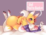  &lt;3 4:3 anthro areola big_breasts big_butt black_sclera blue_eyes blush breasts butt canid canine canis digimon digimon_(species) female fur huge_breasts looking_at_viewer mammal nic-m-lyc nipples nude paws pink_nipples renamon signature solo text thick_thighs wallpaper yellow_body yellow_fur 
