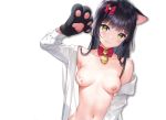  1girl :q animal_ears arm_up bell black_hair blush bow breasts cat_ears closed_mouth gloves hair_bow head_tilt jingle_bell long_hair looking_at_viewer mignon navel nipples off_shoulder open_clothes open_shirt original paw_gloves paws small_breasts solo tongue tongue_out transparent_background yellow_eyes 