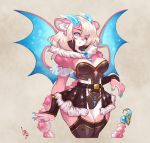  anthro blonde_hair blue_eyes breasts cleavage clothed clothing felid female fur hair hi_res horn iranian_mythology luckypan mammal manticore membrane_(anatomy) membranous_wings middle_eastern_mythology mythology one_eye_closed pink_body pink_fur solo wings 