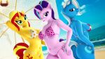  16:9 3d_(artwork) 4k absurd_res anthro anthrofied beach big_breasts bikini bikini_thong breasts butt butt_pose clothing digital_media_(artwork) equestria_girls equid female friendship_is_magic group hi_res horn looking_at_viewer looking_back loveslove mammal my_little_pony pose seaside starlight_glimmer_(mlp) sunset_shimmer_(eg) swimwear trixie_(mlp) umbrella unicorn widescreen 