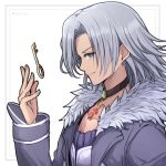  1boy alvis chest_jewel choker fur_trim highres jacket jewelry key long_sleeves male_focus mochimochi_(xseynao) pendant profile simple_background smile solo twitter_username upper_body white_background xenoblade_(series) xenoblade_1 